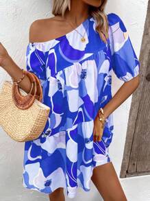 Breezaya Vestido smock con estampado floral de cuello asimétrico bajo con fruncido - Azul - Ver 5