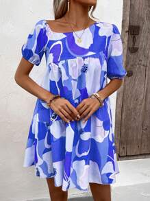 Breezaya Vestido smock con estampado floral de cuello asimétrico bajo con fruncido - Azul - Ver 6