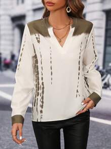 SHEIN Clasi Tie Dye Notched Neckline Blouse - Green - View 3