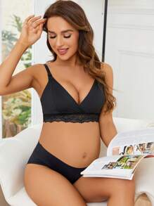 SHEIN 孕婦蕾絲邊哺乳胸罩內衣 - 黑色 - 查看 6