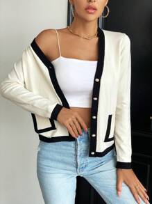 Chiquease 拼接邊口袋貼布開襟衫 - 米色 - 查看 1