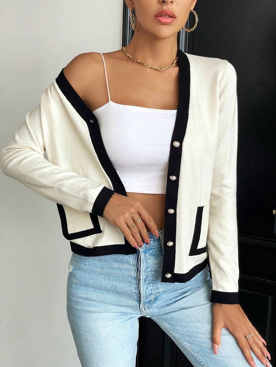 Chiquease 拼接邊口袋貼布開襟衫 - 米色 - 查看 1