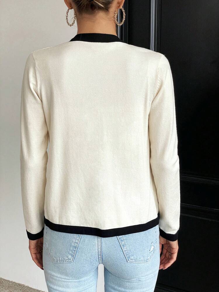 Contrast Trim Pocket Patched Cardigan Fall Cloth For Women