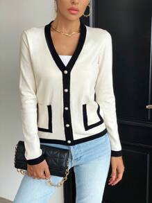 Chiquease 拼接邊口袋貼布開襟衫 - 米色 - 查看 5