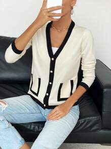 Chiquease 拼接邊口袋貼布開襟衫 - 米色 - 查看 6