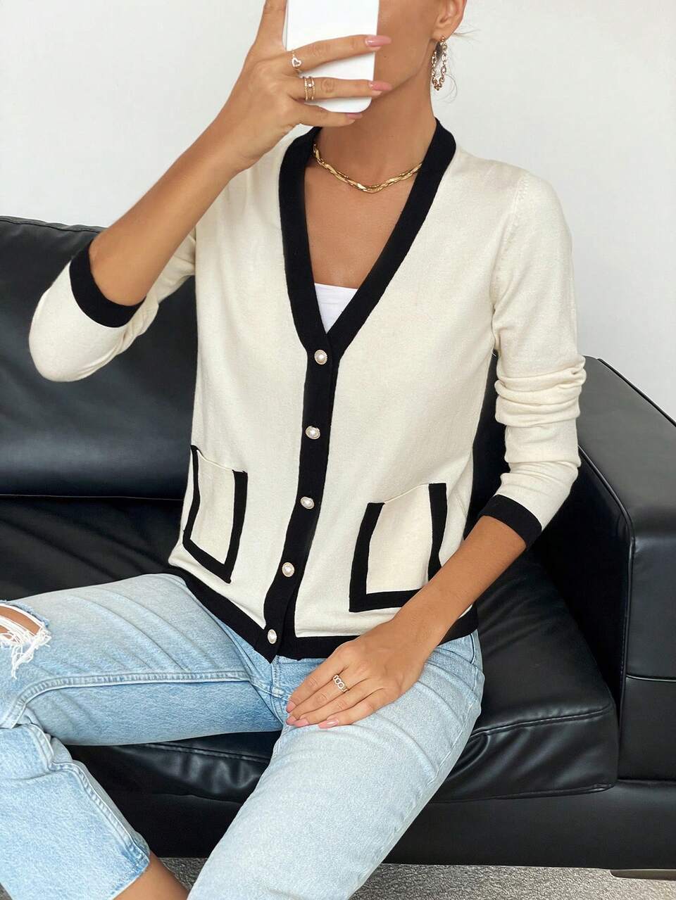 Contrast Trim Pocket Patched Cardigan Fall Cloth For Women