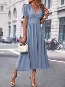 SHEIN Clasi Plunging Neck Puff Sleeve Dress - Blue - View 1