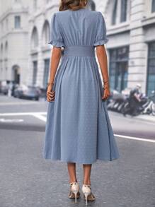 SHEIN Clasi Plunging Neck Puff Sleeve Dress - Blue - View 2
