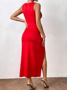 Chiquease Cut Out Twist Front Split Thigh Dress - Burgundy - View 2