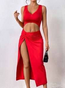 Chiquease Cut Out Twist Front Split Thigh Dress - Burgundy - View 5