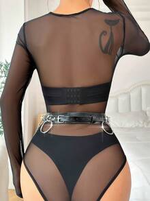 素色PU皮革鏈條細節背帶吊帶襪 - 黑色 - 查看 2