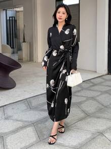 DAZY Floral Print Knot Side Wrap Dress,Fall Dress - Black - View 4