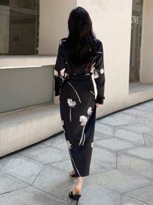 DAZY Floral Print Knot Side Wrap Dress,Fall Dress - Black - View 7