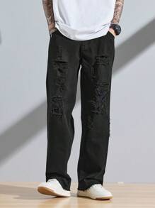 Manfinity EMRG Men Ripped Frayed Straight Leg Jeans - Black - View 3