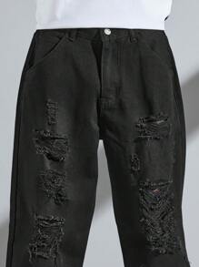 Manfinity EMRG Men Ripped Frayed Straight Leg Jeans - Black - View 6