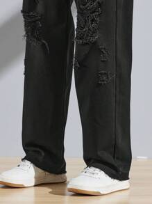 Manfinity EMRG Men Ripped Frayed Straight Leg Jeans - Black - View 7