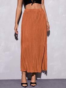 SHEIN Privé High Waist Split Thigh Skirt - Orange - View 3