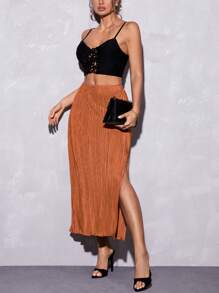 SHEIN Privé High Waist Split Thigh Skirt - Orange - View 4