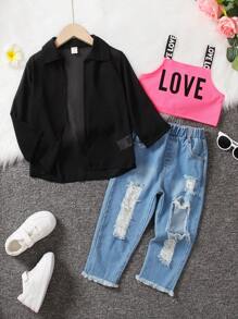 SHEIN Young Girl Letter Graphic Cami Top & Ripped Raw Cut Denim Jeans & Shirt - Multicolor - View 1