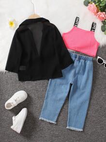 SHEIN Young Girl Letter Graphic Cami Top & Ripped Raw Cut Denim Jeans & Shirt - Multicolor - View 2