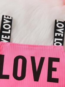 SHEIN Young Girl Letter Graphic Cami Top & Ripped Raw Cut Denim Jeans & Shirt - Multicolor - View 3