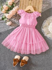 Glamorique Kids Young Girl Ruffle Trim Belted Dobby Mesh Overlay Dress - Pink - View 2