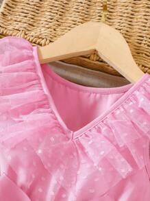 Glamorique Kids Young Girl Ruffle Trim Belted Dobby Mesh Overlay Dress - Pink - View 4