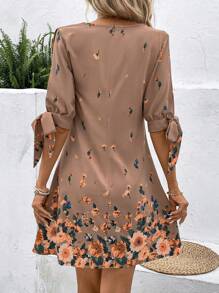 SHEIN LUNE 印花打結袖口直筒連衣裙 - 卡其色 - 查看 2