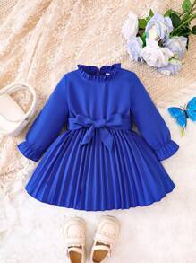 女嬰褶邊荷葉袖百褶下擺繫腰帶連衣裙 - 寶藍色 - 查看 1