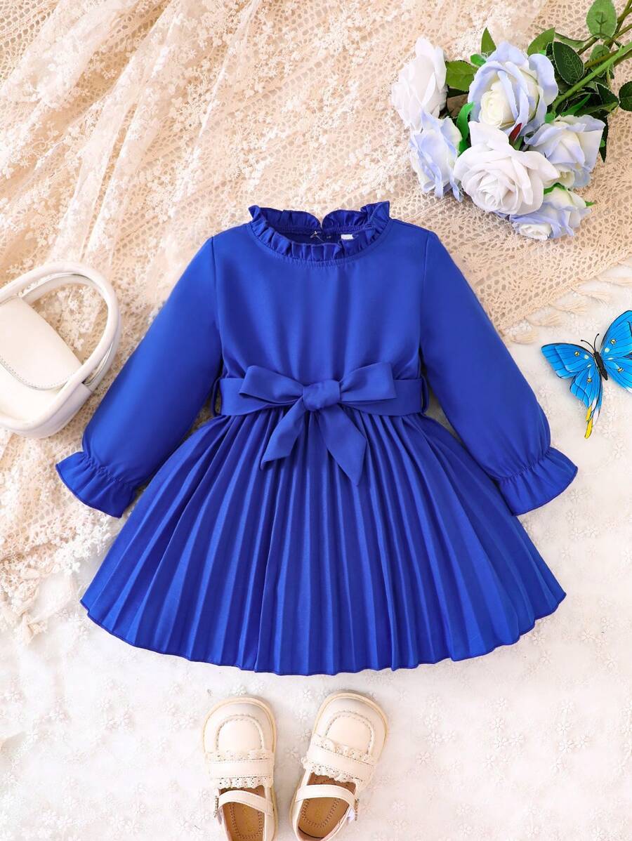 女嬰褶邊荷葉袖百褶下擺繫腰帶連衣裙 - 寶藍色 - 查看 1