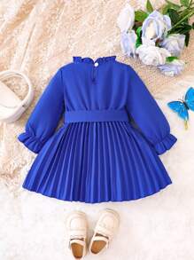 女嬰褶邊荷葉袖百褶下擺繫腰帶連衣裙 - 寶藍色 - 查看 2