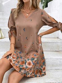SHEIN LUNE 印花打結袖口直筒連衣裙 - 卡其色 - 查看 3