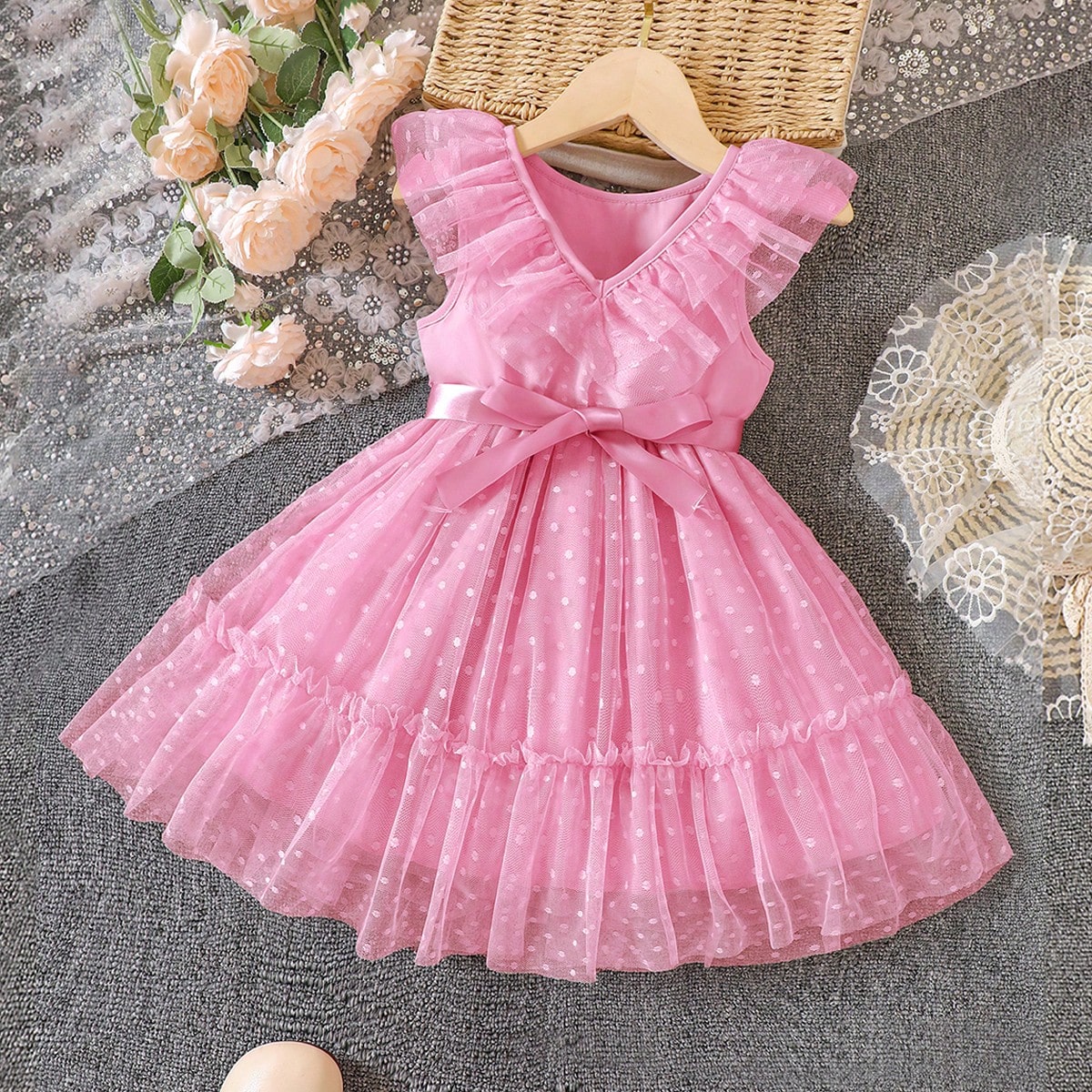 Chica Joven Vestido ribete con fruncido con cinturón de malla jacquard