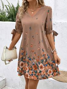 SHEIN LUNE 印花打結袖口直筒連衣裙 - 卡其色 - 查看 6