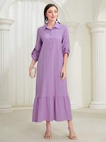 Mulvari Roll Tab Sleeve Ruffle Hem Smock Dress - Purple - View 1