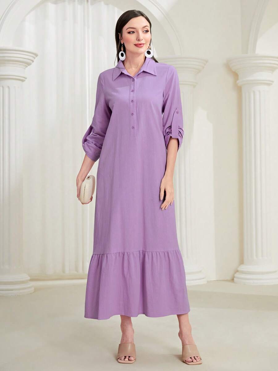 Mulvari Roll Tab Sleeve Ruffle Hem Smock Dress - Purple - View 1