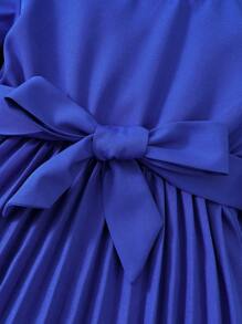 女嬰褶邊荷葉袖百褶下擺繫腰帶連衣裙 - 寶藍色 - 查看 7