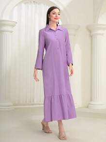 Mulvari Roll Tab Sleeve Ruffle Hem Smock Dress - Purple - View 5