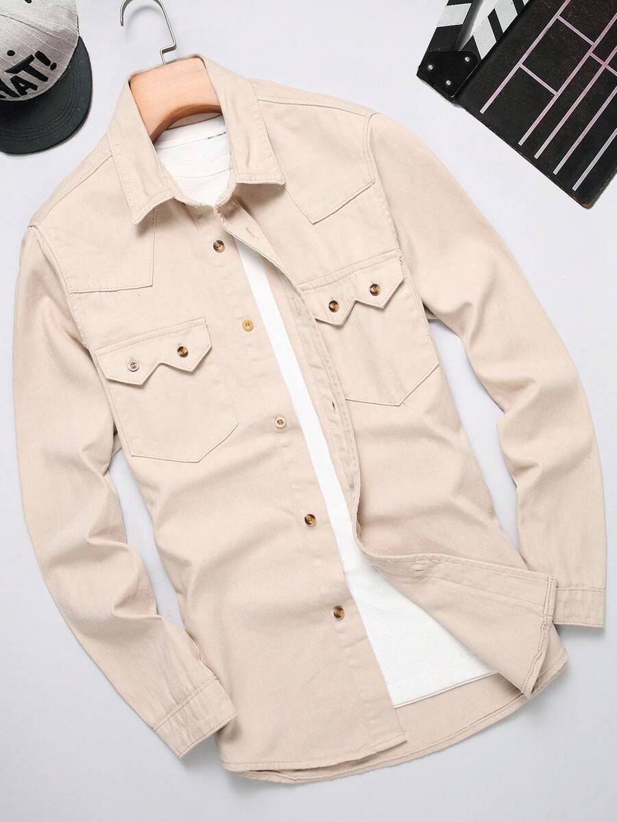 Manfinity Homme Men Flap Pocket Denim Shirt Without Tee - Khaki - View 1