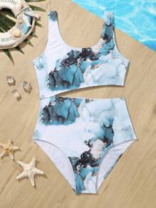 Teen Girl Marble Print Cut Out One Piece Swimsuit - Multicolor - View 1
