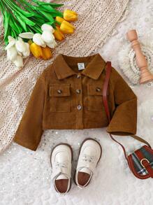 Baby Girl Flap Pocket Button Front Coat - Brown - View 1