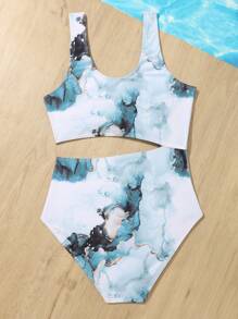 Teen Girl Marble Print Cut Out One Piece Swimsuit - Multicolor - View 2