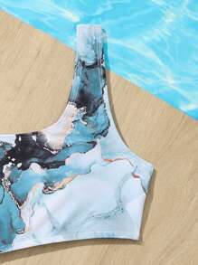 Teen Girl Marble Print Cut Out One Piece Swimsuit - Multicolor - View 3