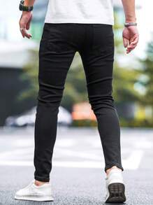 Manfinity Homme Men Solid Skinny Jeans, Plain Slim Fit Long Dark Jeans Plain Black Washed Cargo Jeans, For Husband, Boyfriend Gifts - Black - View 2