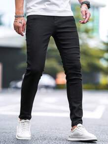 Manfinity Homme Men Solid Skinny Jeans, Plain Slim Fit Long Dark Jeans Plain Black Washed Cargo Jeans, For Husband, Boyfriend Gifts - Black - View 3