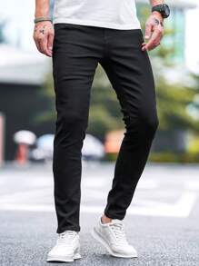 Manfinity Homme Men Solid Skinny Jeans, Plain Slim Fit Long Dark Jeans Plain Black Washed Cargo Jeans, For Husband, Boyfriend Gifts - Black - View 4