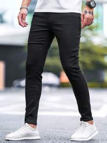 Manfinity Homme Men Solid Skinny Jeans, Plain Slim Fit Long Dark Jeans Plain Black Washed Cargo Jeans, For Husband, Boyfriend Gifts - Black - View 5