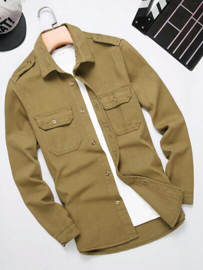 Manfinity Homme Men Flap Pocket Denim Shirt Without Tee