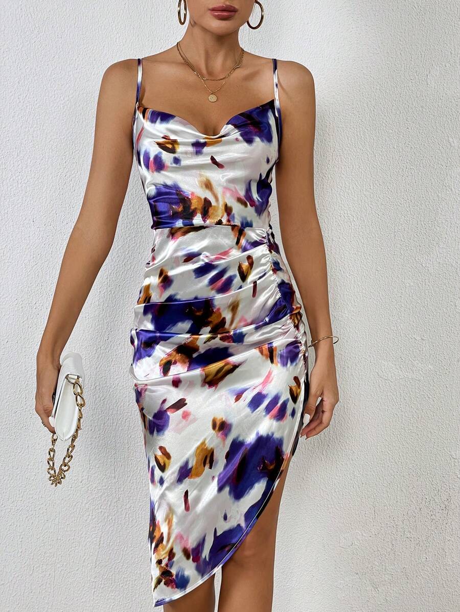 SHEIN Privé Tie Dye Draped Collar Ruched Asymmetrical Hem Satin Cami Dress - Multicolor - View 1