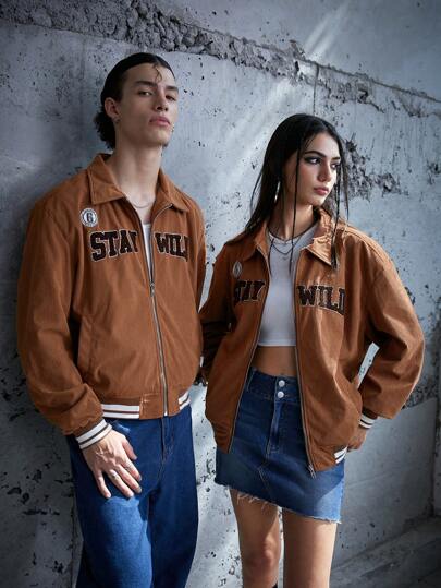 1 pièce Veste en velours côtelé oversize avec graphique de lettre et bordure rayée, pour l'automne et l'hiver